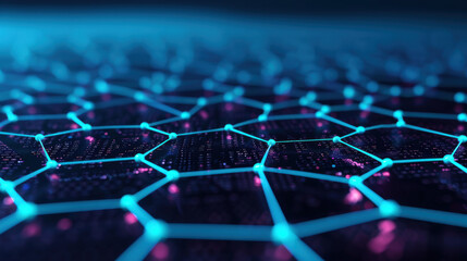 Wall Mural - Futuristic digital network represented by interconnected hexagonal shapes with vibrant blue and purple lights, showcasing advanced technology and connectivity.