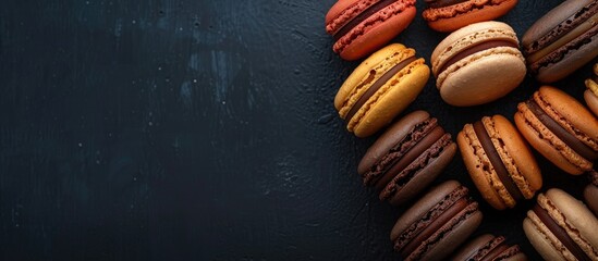 Poster - Top view of an array of macaron cookies against a dark backdrop with copy space image