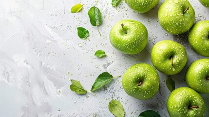 Apples with green color on white backdrop room for text