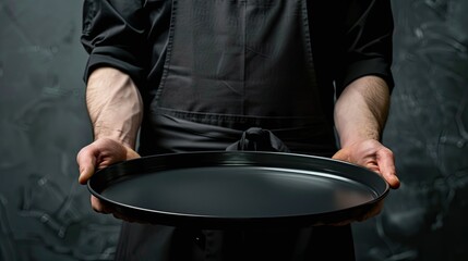 The cook holds an empty tray in his hands. Selective focus.