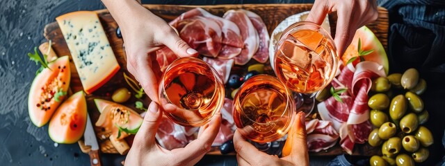 Wall Mural - Wine in the hands of friends against the background of food. Selective focus.