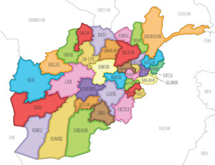  Vector illustrated regional map of Afghanistan with provinces and administrative divisions, and neighbouring countries and territories. Editable and clearly labeled layers.