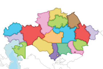  Vector illustrated blank map of Kazakhstan with regions, independent cities and administrative divisions, and neighbouring countries and territories. Editable and clearly labeled layers.