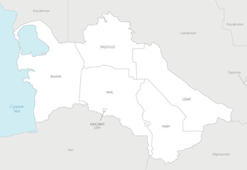  Vector regional map of Turkmenistan with provinces, capital city district and administrative divisions, and neighbouring countries and territories. Editable and clearly labeled layers.