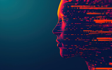 Wall Mural - Profile of a futuristic human face in neon colors with digital data lines, symbolizing technology, AI, and innovation. Ideal for tech-related visuals.