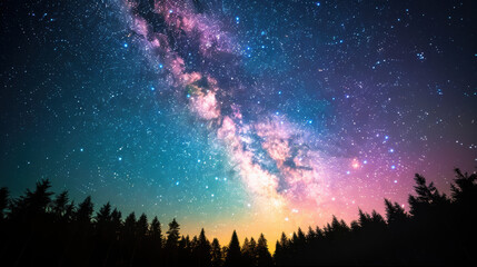 Wall Mural - A breathtaking view of the Milky Way galaxy stretching across the night sky above silhouetted pine trees. Vibrant colors and glittering stars form a rich cosmic tapestry.