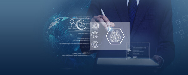 A businessman utilizes AI technology for data analysis, coding computer language, machine learning on virtual screens, and business intelligence.