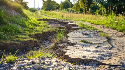 Poster - Eroded footpath near city road with space for copy