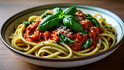 Wall Mural -  Delicious pasta dish with vibrant red sauce and fresh basil