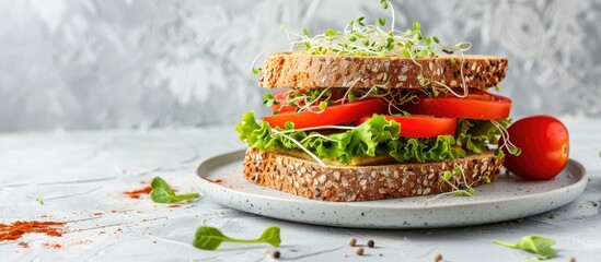 Fototapete - Healthy sandwich with gluten free bread tomato lettuce and sprouts on a plate on a white table with a copy space image