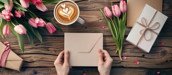 Poster - Top view composition of a woman s work area featuring a blank greeting card envelope and Mother s Day gifts with a latte art cup and a tulip bouquet Ample copy space is available in the image