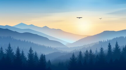 majestic mountain range at sunrise with silhouetted pines and flying birds in a misty blue landscape illustration