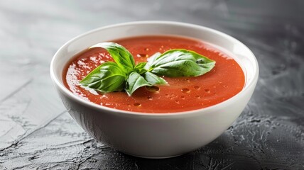 Wall Mural - Creamy tomato soup garnished with fresh basil in white bowl