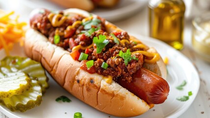 Wall Mural - Hot dog with chili, mustard, pickle slices, and fresh herbs on plate