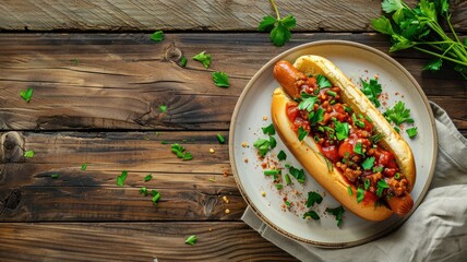 Sticker - Delicious hot dog topped with chili and fresh herbs on plate