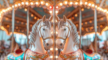 Carousel with mirrored horse figures, vibrant lights, and ornate details