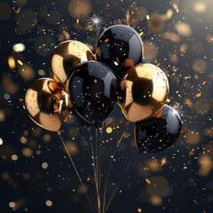 elegant black and gold balloons rising against night sky shimmering with metallic confetti bokeh light effects luxurious celebration atmosphere