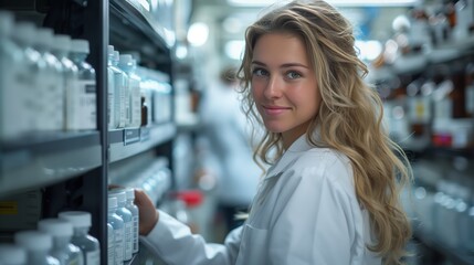 Wall Mural - A woman in a lab coat examines a row of bottles on a shelf in a laboratory setting.