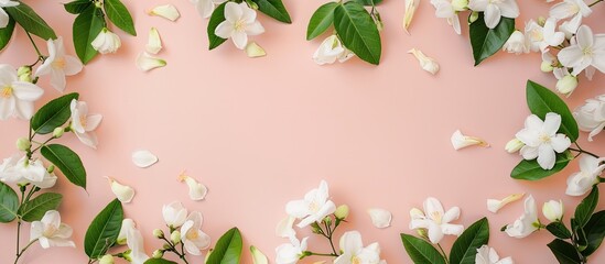 Wall Mural - White jasmine flowers arranged in a frame on a postcard mockup suitable for an invitation or congratulatory message displayed in a flat lay with ample copy space image