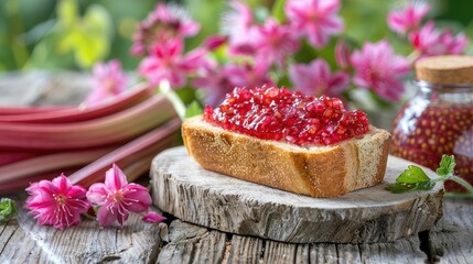 Jam and bread on the table. Selective focus.