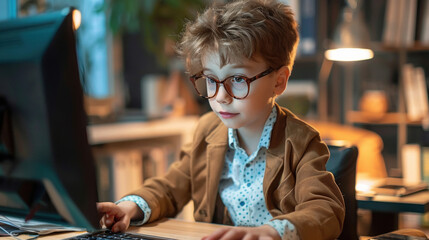 school boy using laptop