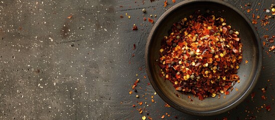 Sticker - Close up of a bowl with Georgian adjika seasoning including red pepper and garlic on a concrete table with copy space image