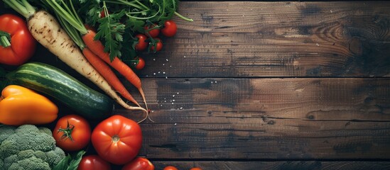 Sticker - Plate showcasing various vegetables on a rustic backdrop with ample copy space image