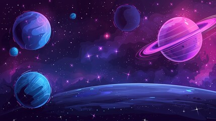 a purple and blue space with planets and stars