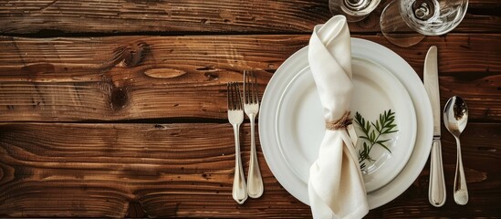 Canvas Print - Flat lay of an elegant table setting on a wooden background with room for additional text in the image