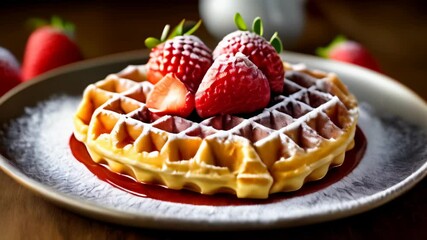 Poster -  Deliciously sweet waffle dessert with fresh strawberries