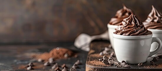 Canvas Print - Spongy chocolate desserts like mug cakes and cupcakes with empty space for text in focus. Copy space image. Place for adding text and design