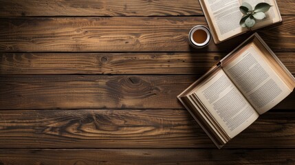 Canvas Print - Books on wooden surface Flat lay top view empty space