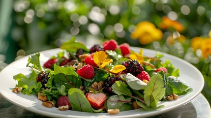 Vibrant summer salad with mixed greens, berries, and nuts