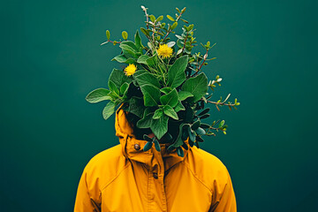 Conceptual photo of human with greenery as head for eco-friendly lifestyle on green background. Artistic representation of flora replacing human head.