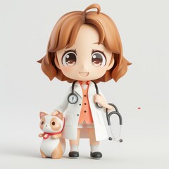 Wall Mural - Sweet 3D Clay Veterinarian Character with Kawaii Design on White Background, Generative Ai