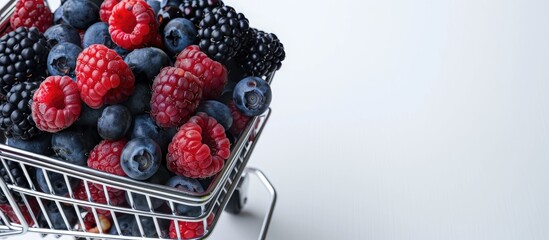 Bird s eye view of a shopping cart brimming with fresh blueberries blackberries and raspberries on a white backdrop with copy space image