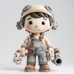 Wall Mural - Cute 3D Clay Mechanic Character with Kawaii Style on White Background, Generative Ai