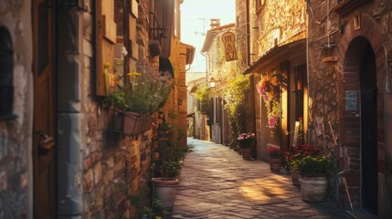 Quaint cobblestone alley in picturesque village town. Warm sunlight casts soft glow on rustic stone buildings. Ideal for travel posters and background images. AI.