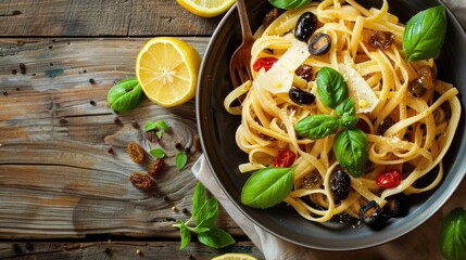 Poster - Italian pasta dish with cheese olives lemon and raisins