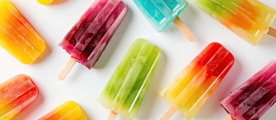 Poster - Top view of multi colored popsicles on a white backdrop with copy space image creating a vibrant food themed background