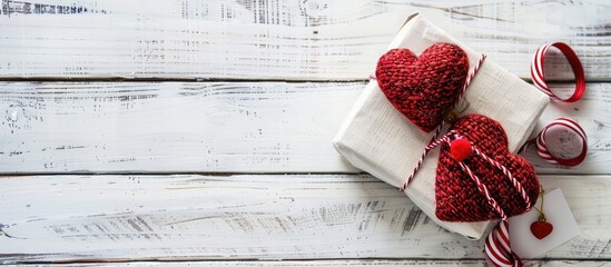 Poster - Valentine s Day theme with a small gift box featuring a red heart next to a large heart on a white wooden background with copy space image