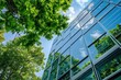 © ttonaorh - Modern office building with glass wall and green leaves. Panorama
