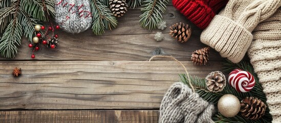 Wall Mural - Christmas themed crafts and knitting patterns displayed on a wooden background with copy space image