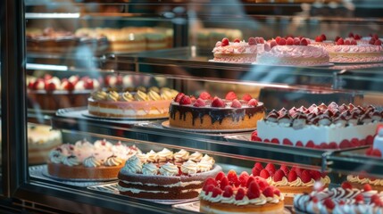 Poster - Freshly baked cakes on display in a bakery showcase. Vibrant and inviting desserts. Style: professional food photography. Purpose: promoting a bakery or dessert shop. AI