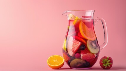 Wall Mural - Pitcher of fruit-infused water with various sliced fruits against pink background