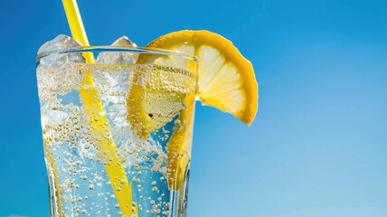 Glass of sparkling water with lemon slice and yellow straw against blue sky