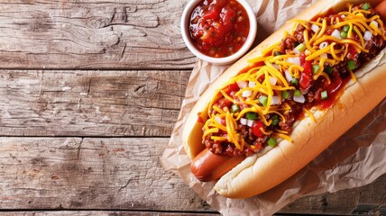 Wall Mural - Hot dog with chili, cheese, onions on rustic table