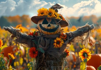 Scarecrow in the pumpkin patch with arms outstretched, Halloween concept and theme background