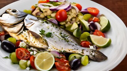 Wall Mural -  Delicious seafood dish with fresh vegetables ready to be enjoyed