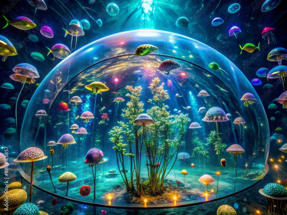 Undulating Orbs Luminous orbs suspend within a vast, transparent dome, teeming with ...